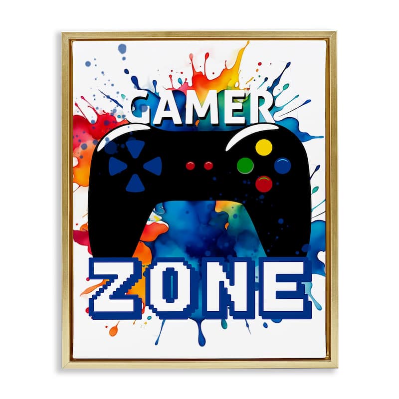 Stupell Vivid Modern Gamer Zone Framed Floater Canvas Wall Art Design By Kim Allen - 25 x 31 - Gold