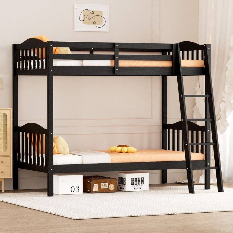 Twin Over Twin Solid Wood Bunk Bed for Kids and Adults, No Box Spring Required - Black - Twin