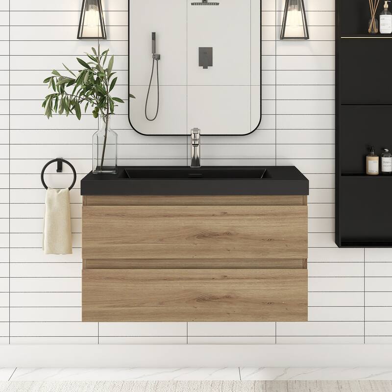 Floating Bathroom Vanity with Quartz Sand Top - Natural Oak - 35.43'' x 19.45'' x 22.44