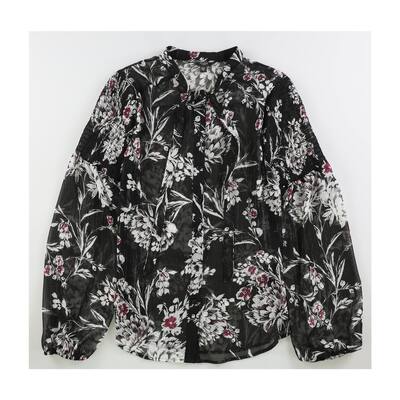 GUESS Womens Tie-Neck Button Down Blouse, Black, X-Small