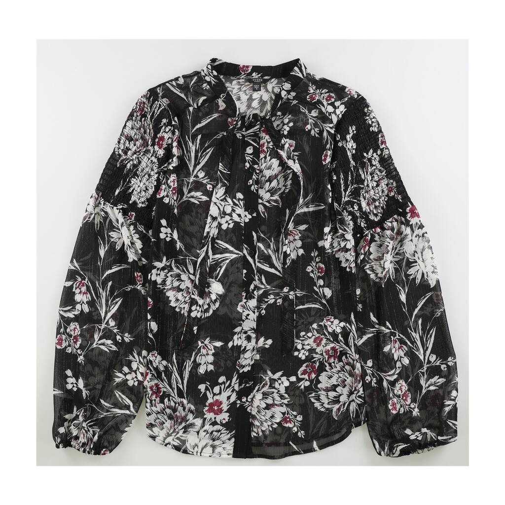 GUESS Womens Tie-Neck Button Down Blouse, Black, X-Small