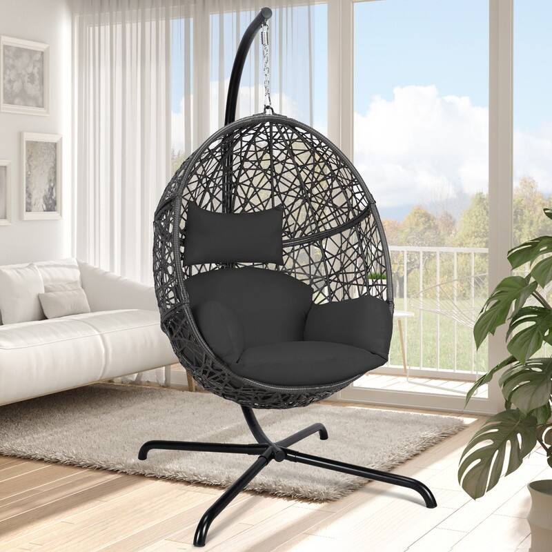 Oversized Outdoor Egg Chair with Stand, 450lbs Capacity Wicker Hanging Swing Chair, Extra Large Patio Lounge Chair with Cushions