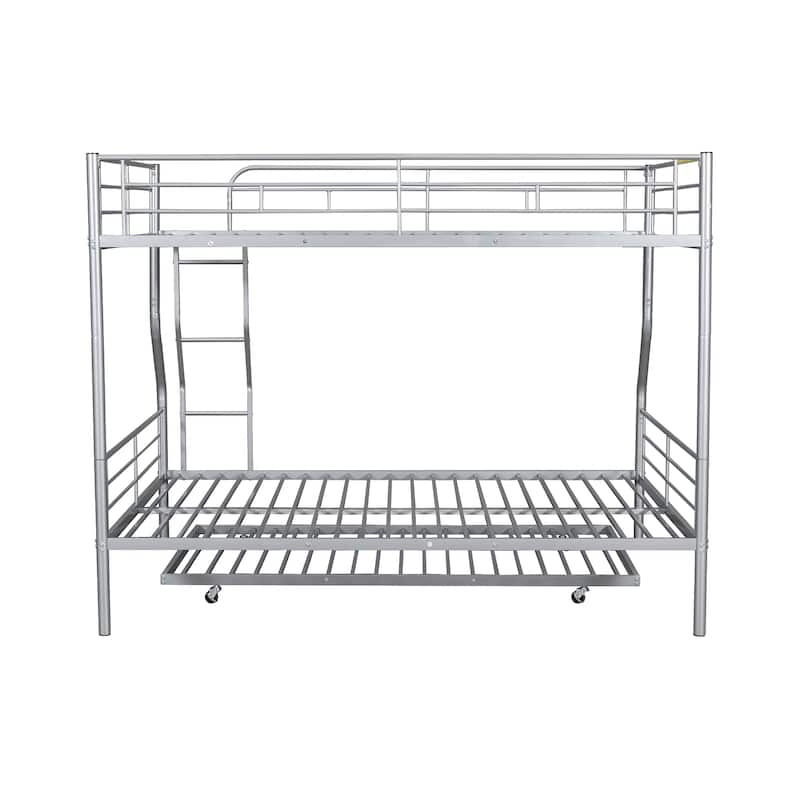 Full XL Over Queen Metal Bunk Bed with Trundle, Silver