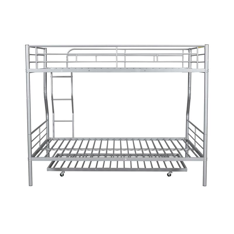 Metal Bunk Bed with Trundle and Guardrail, Convertible to Two Beds