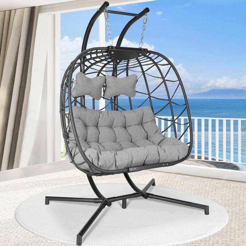 FINCATI Outdoor Double Egg Chair, 700 lbs Indoor Double Egg Chair Swing, Oversized Swing Chair, Cozy Hanging Egg Chair - Light Grey/Grey
