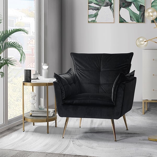 slide 2 of 91, HULALA HOME 1ida Modern Velvet Tufted Accent Armchair with Gold Metal Legs BLACK