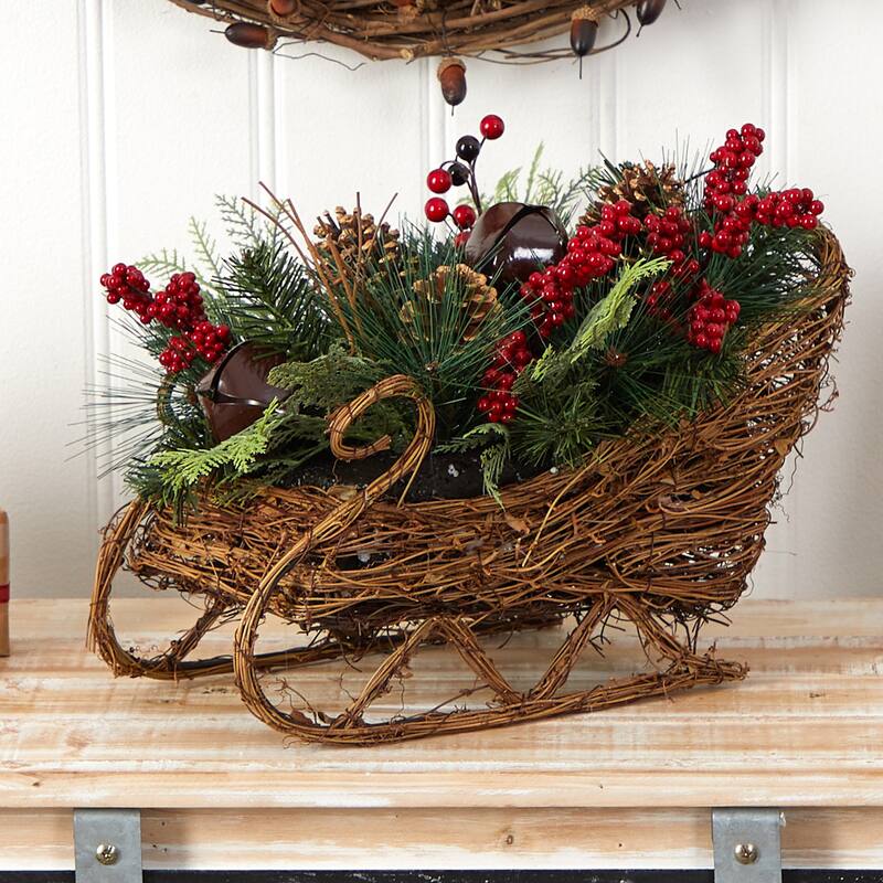 18” Sleigh with Pinecones and Berries Christmas Artificial Floral Arrangement