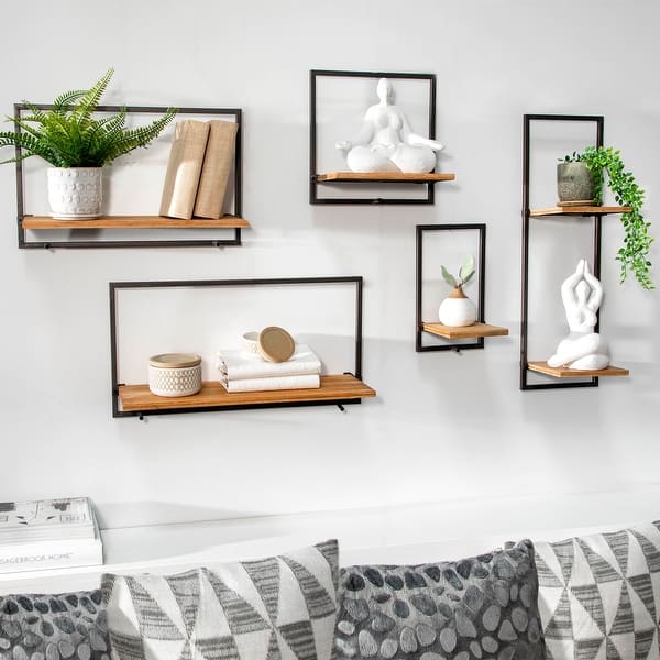 slide 2 of 10, Set of 5 Wood, metal Wall Shelves 13"H - 24.75" x 7.75" x 13.0" Brown - 24.75" x 7.75" x 13.0"
