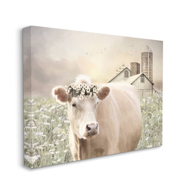 Stupell Realistic Cow Floral Crown Tranquil Farm Field Canvas Wall Art - Brown - 24 x 30