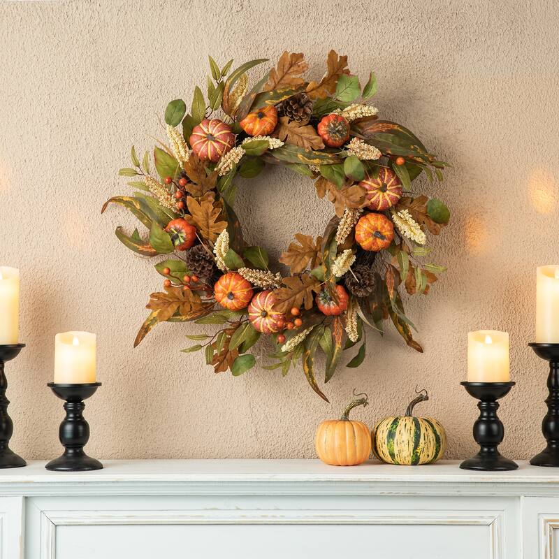 Glitzhome 24"D Fall Thanksgiving Pumpkin Leaf Floral Swag Wreath Garland for Front Door Decor