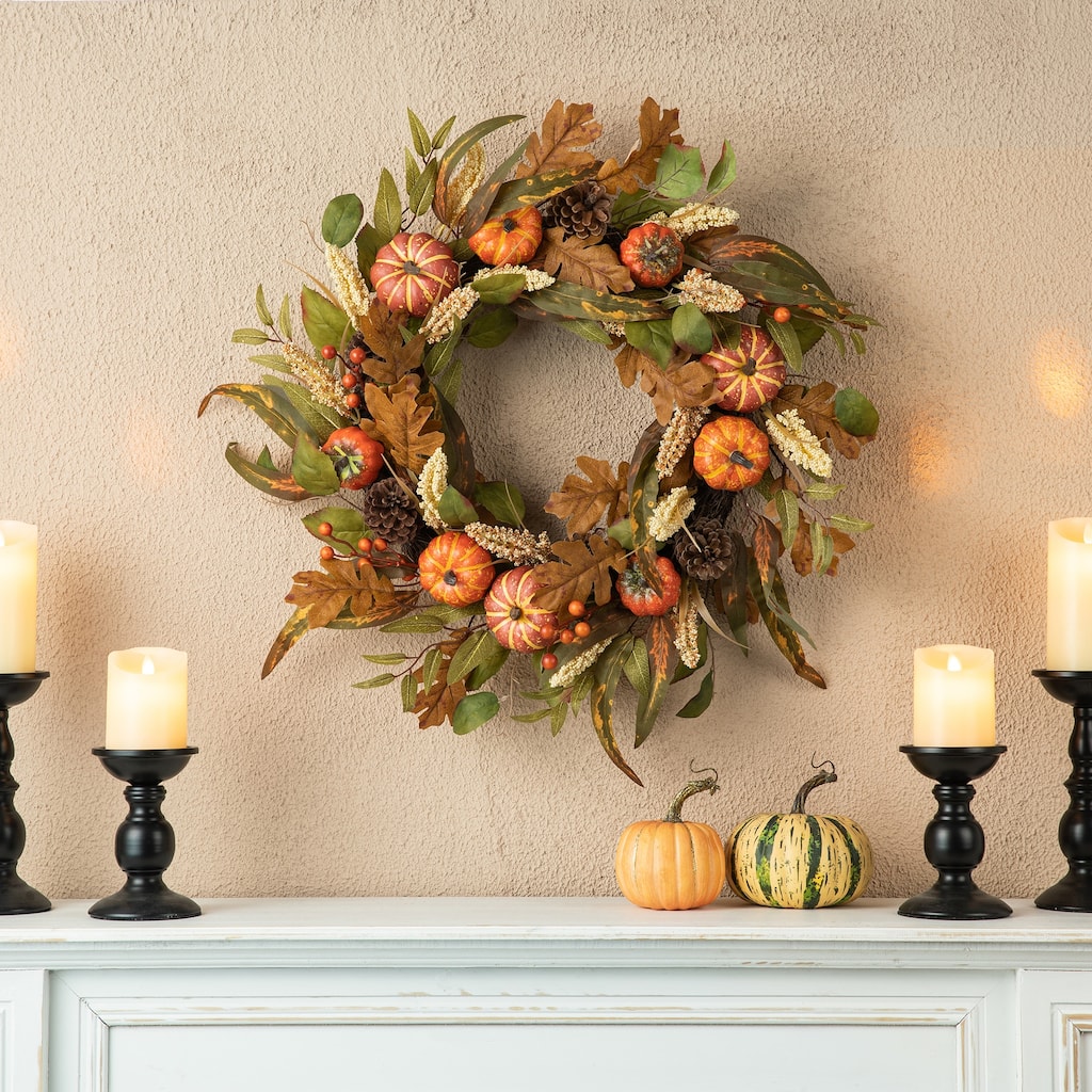 Glitzhome 24"D Fall Thanksgiving Pumpkin Leaf Floral Swag Wreath Garland for Front Door Decor