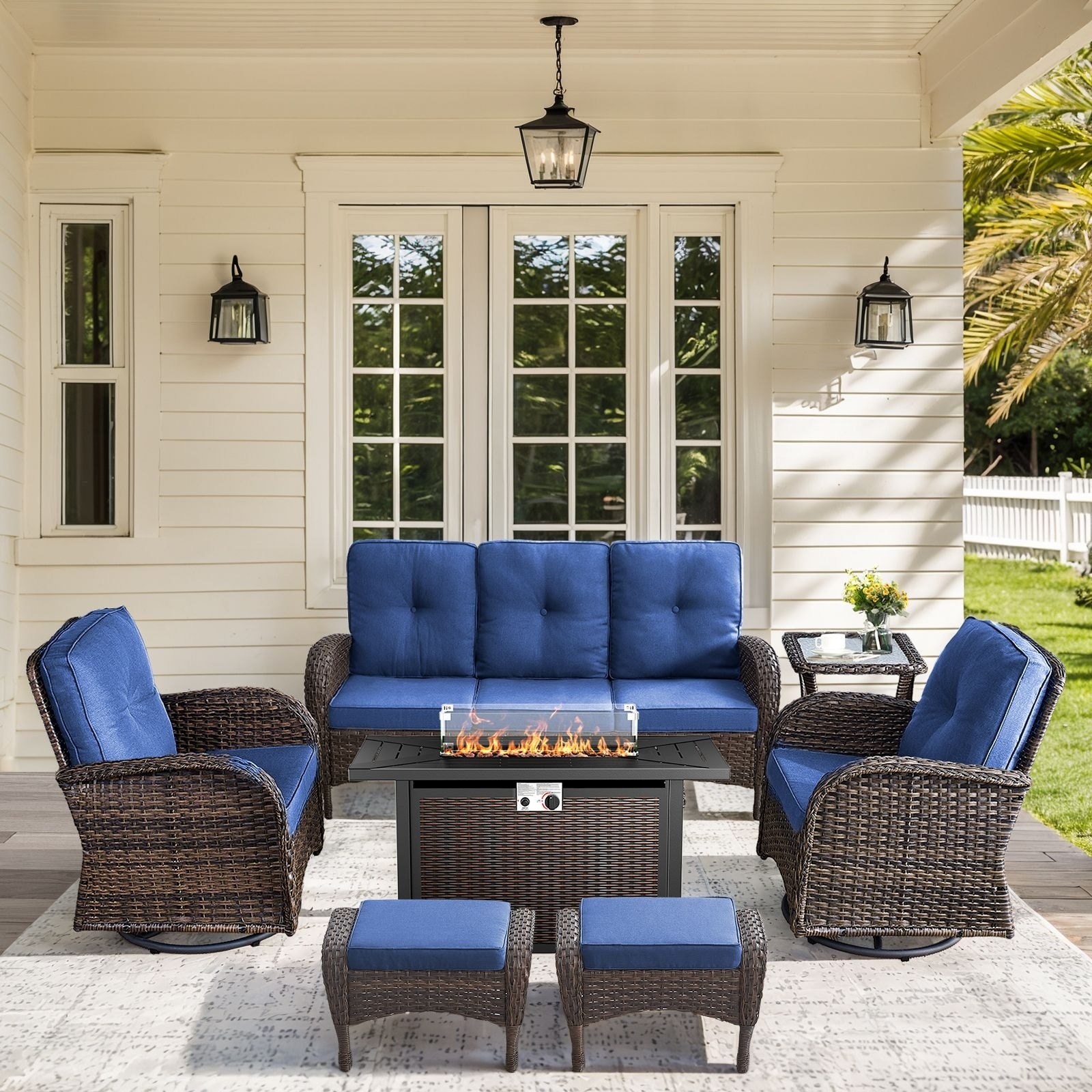 Patio Sofa Swivel Chair with Propane Fire Pit Table