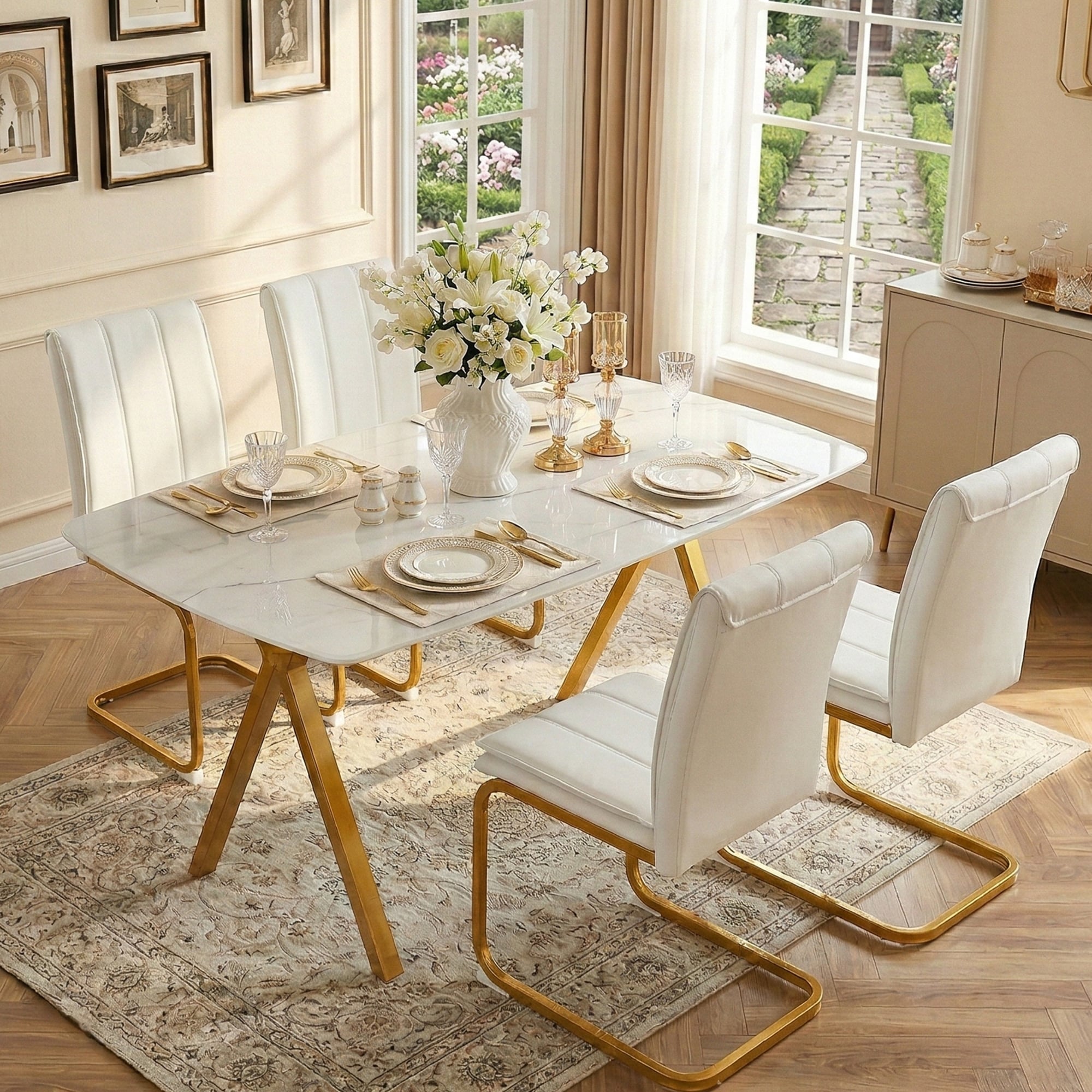 Rectangular dining table featuring a tempered glass tabletop with a marble-patterned design for restaurant dining settings