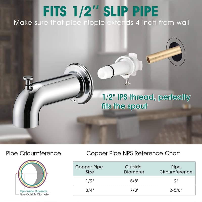 6.22 in. Slip-On Tub Spout/Bathtub Faucet with Diverter 1/2 Inch Slip Fit Connection