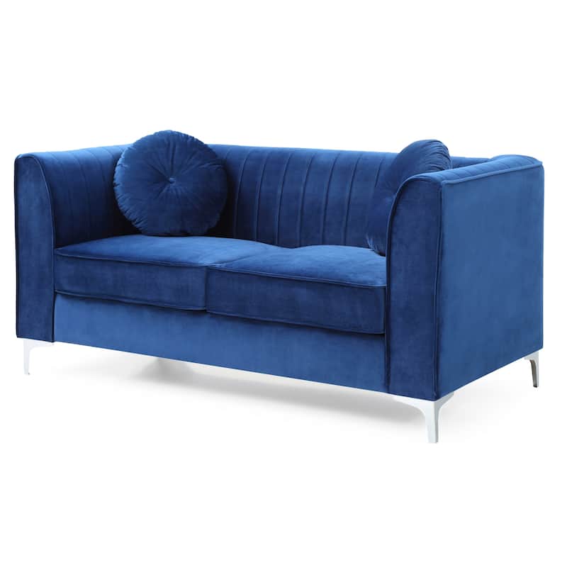 Roomfitters Velvet Loveseat, Sloped Arms, Channel-Tufted 2-Seater Sofa, Modern Glam Couch, Silver Metal Legs