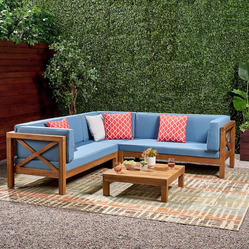 Brava Outdoor 4 Piece V-Shaped Acacia Wood Sectional Sofa and Coffee Table Set by Christopher Knight Home - Blue