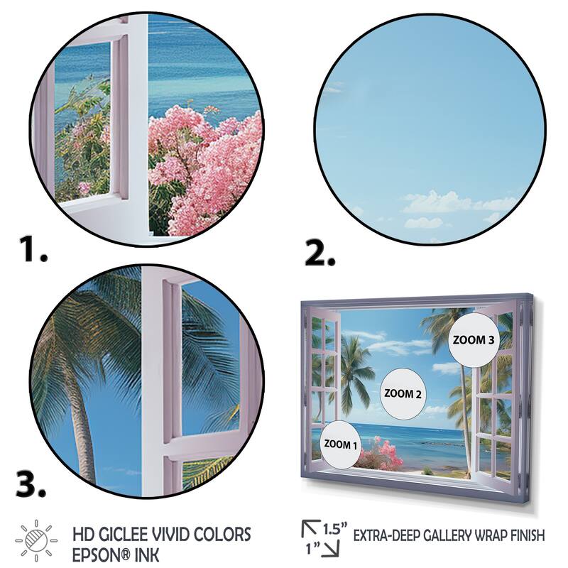 Designart "Tropical Oceanview Through Open White Window" Coastal Wall Decor