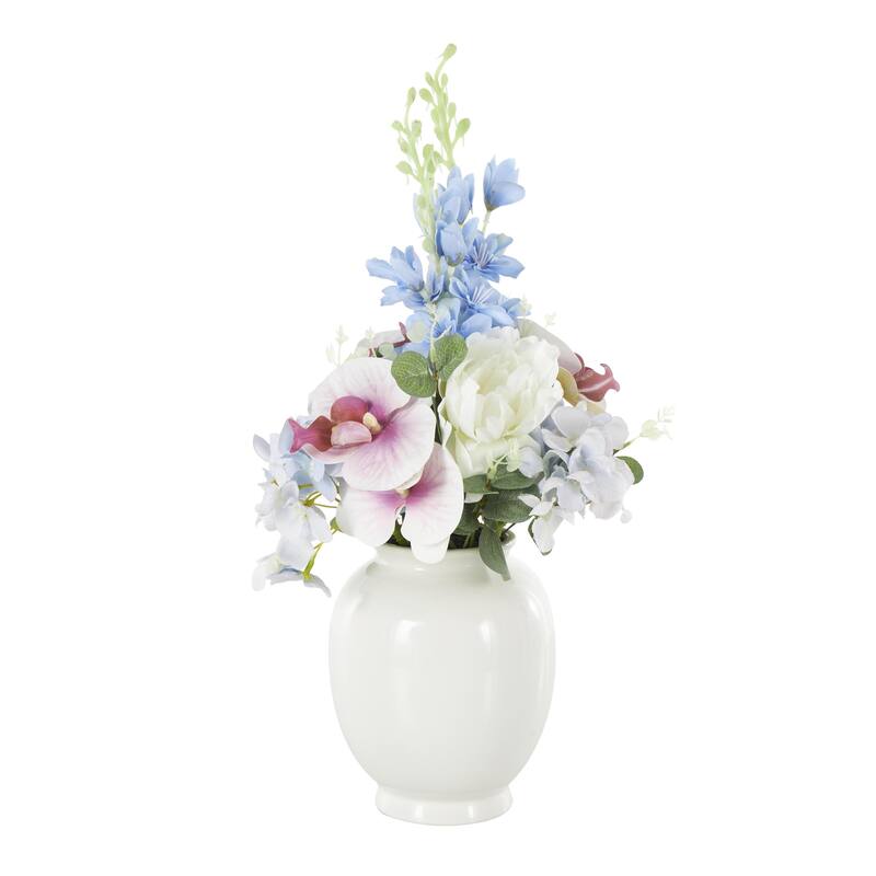 White Fabric Artificial Flower with Green Leaves and Round Ceramic Vase