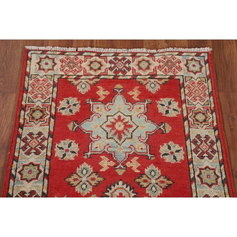 Geometric Red Kazak Runner Rug Handmade Wool Carpet - 2'2" x 5'11"