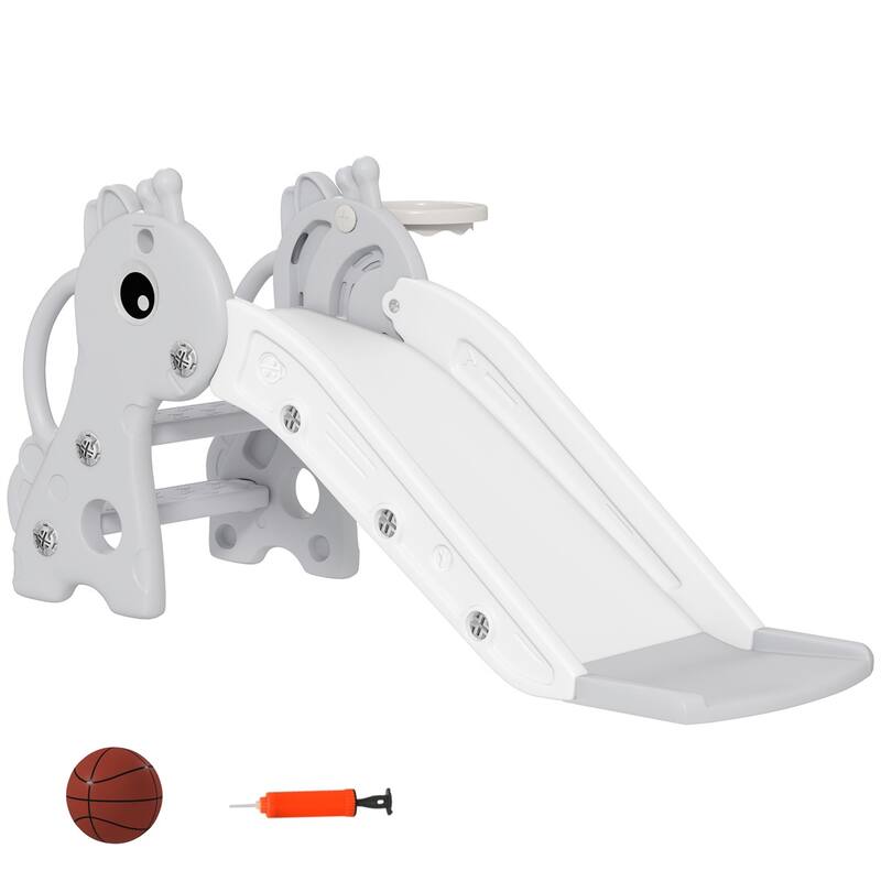 HDPE Kids Outdoor Slide with Ladder and Hoop for Playroom, Living Room and Nursery Room - 41.7" L x 20.3" W x 20.5" H - Grey-White