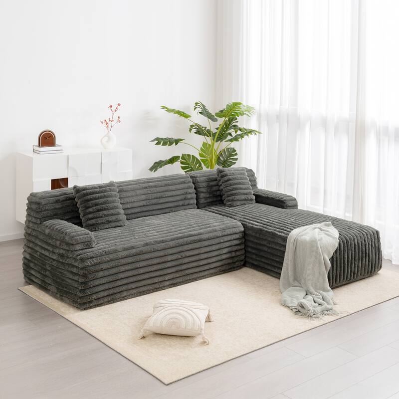 L Shape Modular Sectional Sofa with Chaise, Full-Compressed Boneless Couches, Faux Fur 3 Seat Sofa with 2 Throw Pillows