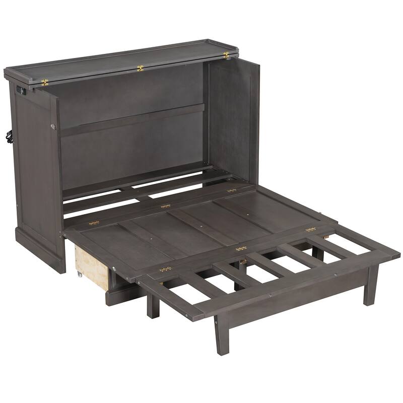 Gray Full Size Solid Pine Murphy Bed with Charging Station and Large Storage Drawer for Home Office or Small Room