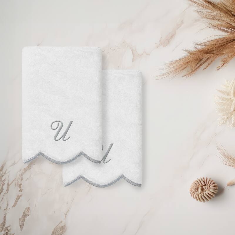 Authentic Hotel and Spa 100% Turkish Cotton Grey ADORNIA Scallop Personalized 2 Piece Fingertip Towel Set - 2 Fingertip Towels