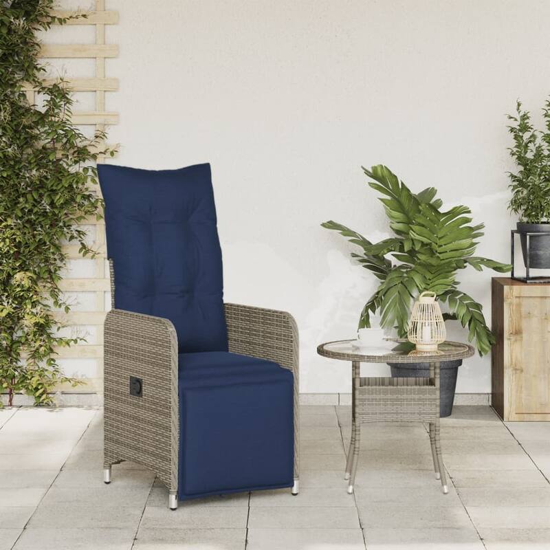vidaXL Reclining Patio Chair with Cushions Outdoor Furniture Gray Poly Rattan - 21.5" x 23" x 36.2"