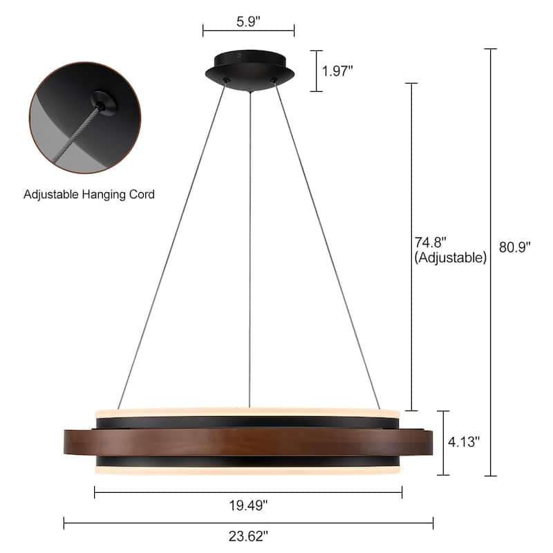 Modern 24" Walnut LED Wood Chandelier Ring Chandelier for Living Room Foyer