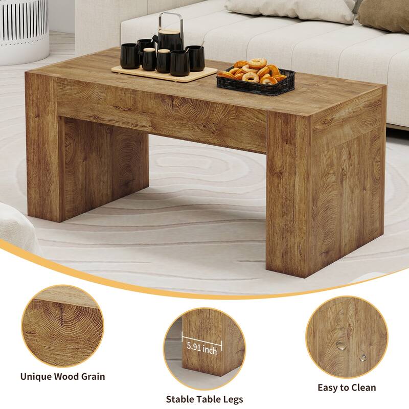 48" Farmhouse Coffee Table, Rectangle Wooden Center Table with Hidden Storage Drawer, Thick Coffee Tables for Living Room