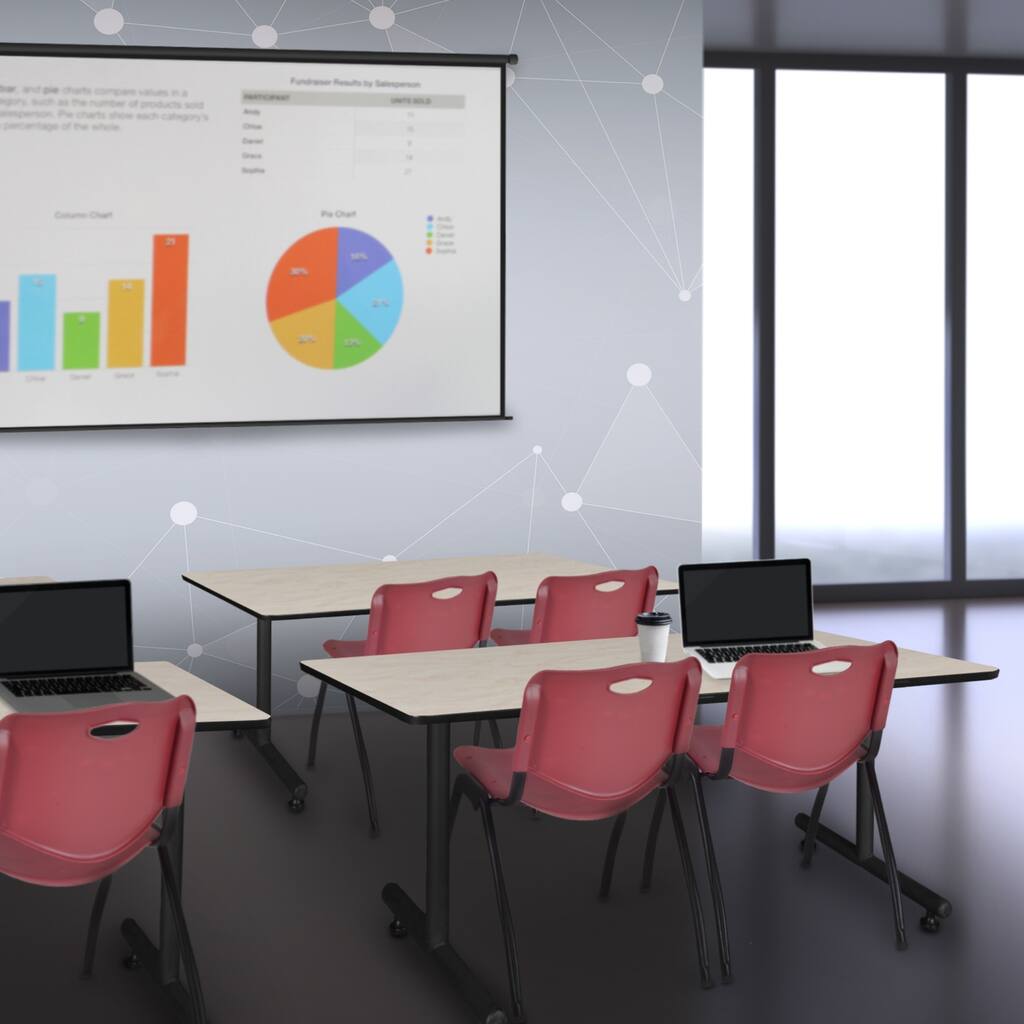 48" x 30" Training Table- Maple and 2 "M" Stack Chairs- Burgundy - 48 x 30 inches