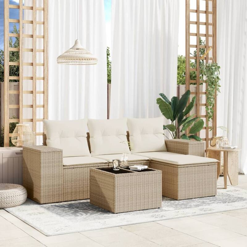 vidaXL Patio Sofa Set with Cushions Outdoor Conversation Furniture Poly Rattan - 21.7 x 21.7 x 14.6 - Beige and cream with table