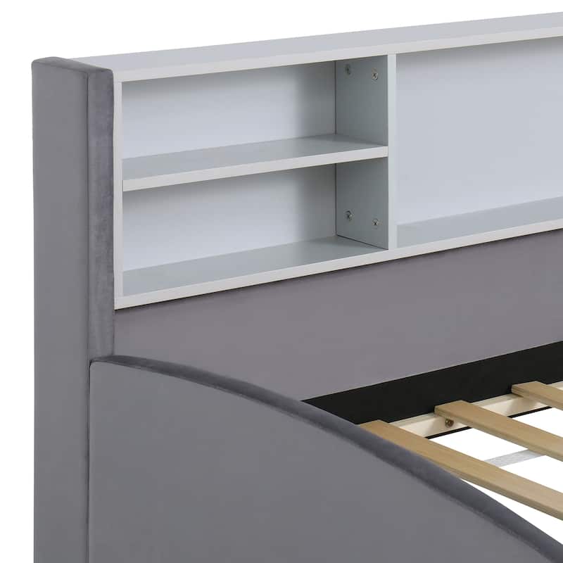 Twin Size Daybed Upholstered Platform Bed with Storage Shelf Headboard and 2 Drawers, Wood Daybed Frame with Curved Armrest