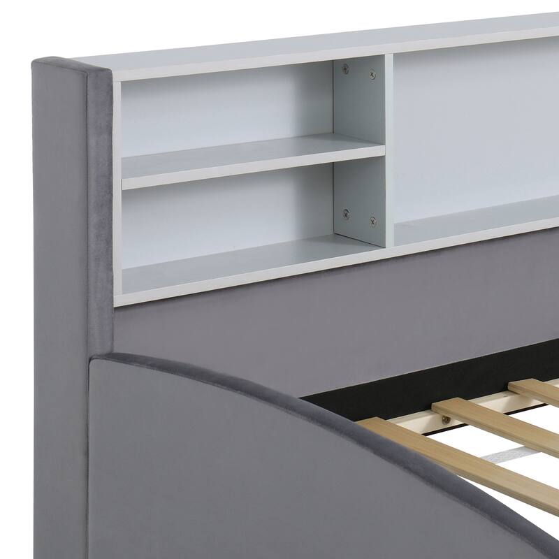 Twin Velvet Upholstered Bed Frame with Storage Drawers and Built-In Shelf, Platform Design with Plush Headboard