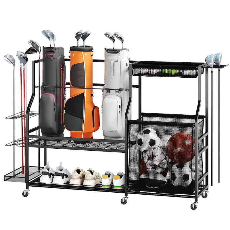 Moasis 3 Golf Bags Storage Stand,Sports Equipment Organizer with Wheels