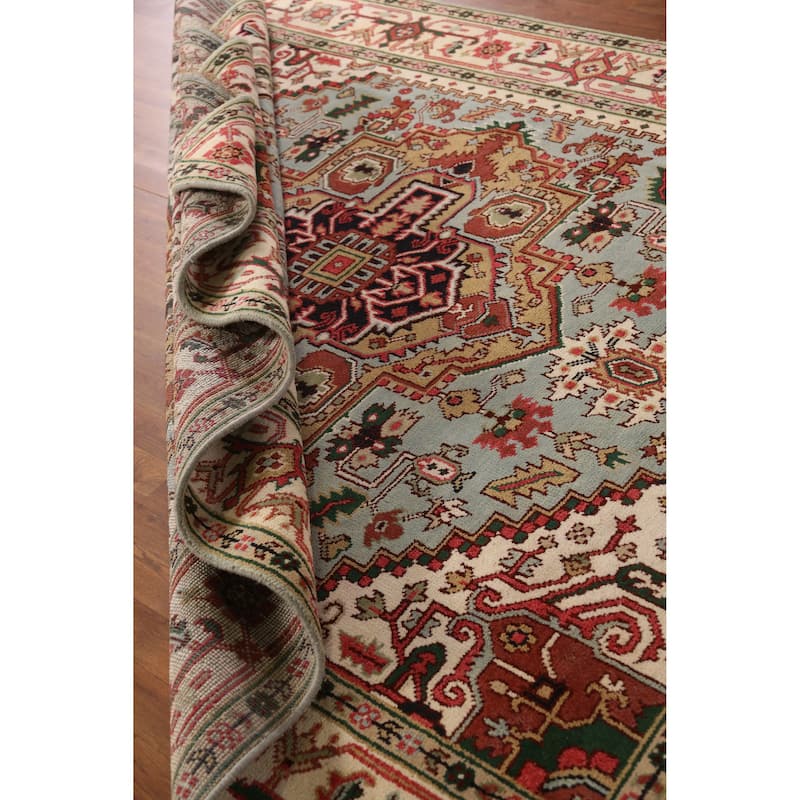 Light Blue Medallion Heriz Serapi Indian Rug Hand-Knotted Wool Carpet - 7'11" x 9'10"