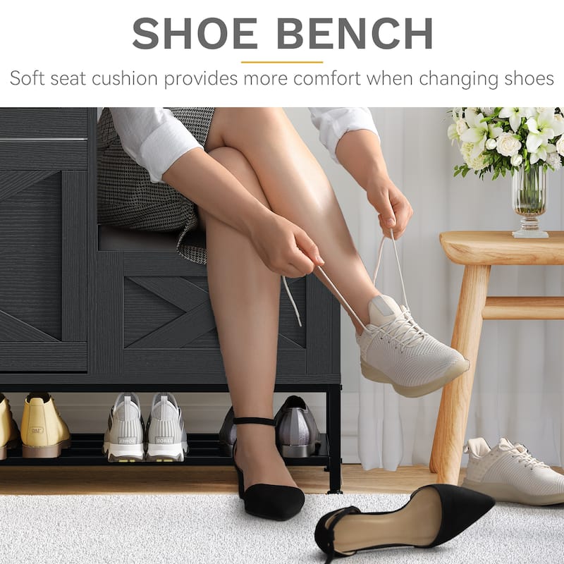 Farmhouse Shoe Storage Cabinet with Shoe Bench Entryway Shoe Storage with 2 Flip Drawers for 16 Pairs - 9.4W" x 47.1"L x 41.3"H