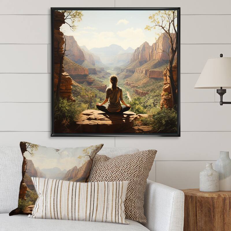 Designart "Yoga In Nature" Yoga Framed Canvas Print - Black - 16 in. wide x 16 in. high