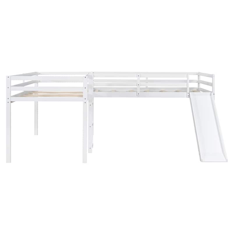 Twin L-Shaped Loft Bed with Slide and Ladder, Space-Saving Corner Design