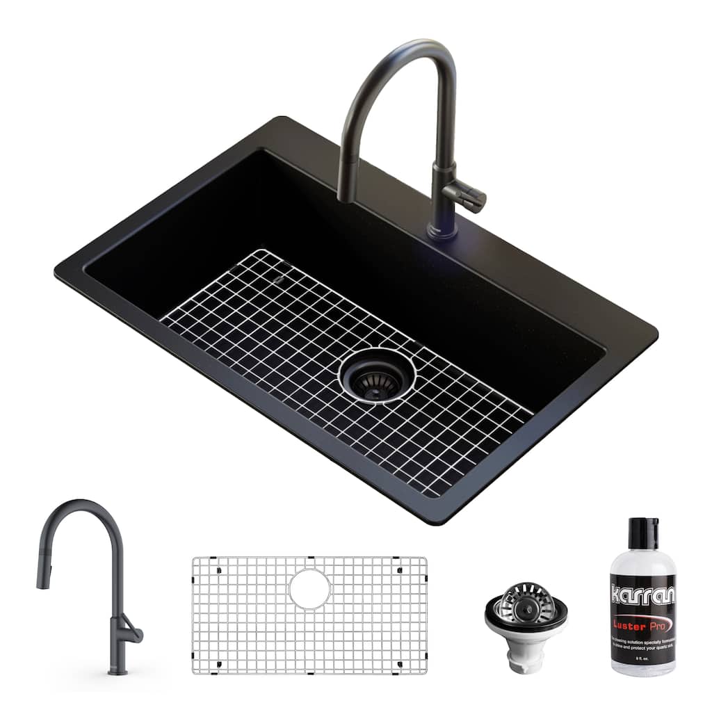 Karran QT-812 Top Mount 33 in. Large Single Bowl Quartz Kitchen Sink in Black With Kitchen Faucet in Gunmetal Grey