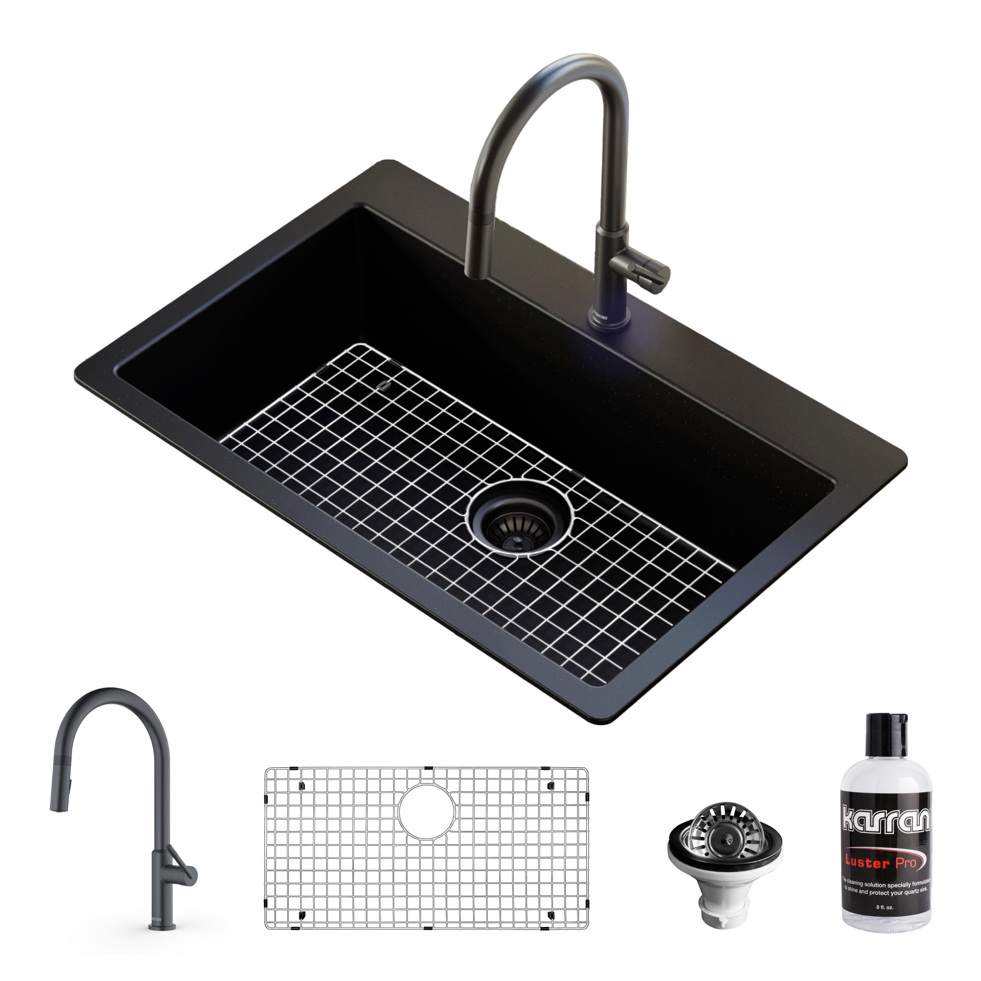 Karran QT-812 Top Mount 33 in. Large Single Bowl Quartz Kitchen Sink in Black With Kitchen Faucet in Gunmetal Grey