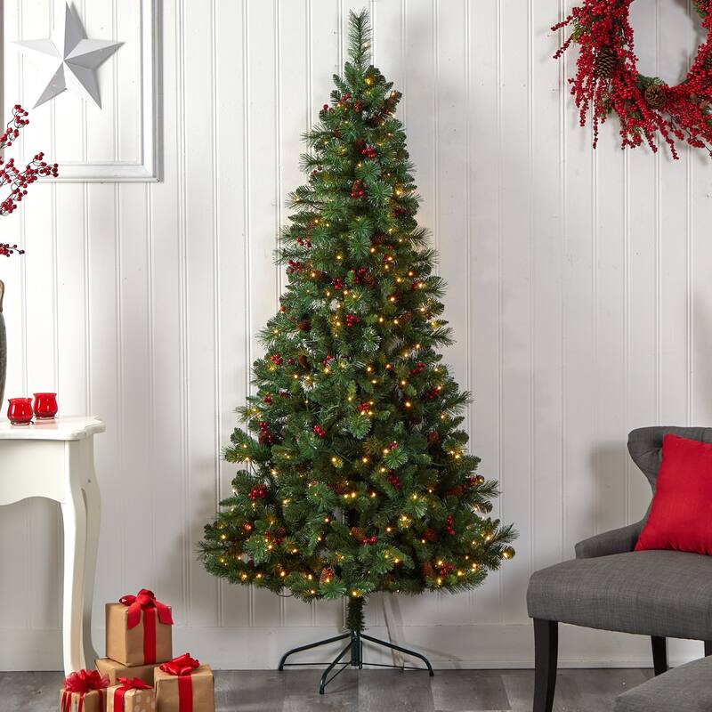 7' Flat Back Montreal Mountain Pine Artificial Christmas Tree with Pinecones, Berries and 210 Warm White LED Lights
