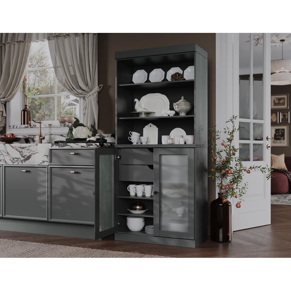 Palace Imports 100% Solid Wood Pantry Cabinet with Frosted Glass Doors, 2-Drawers and Adjustable Shelves - 32" x 71.5"