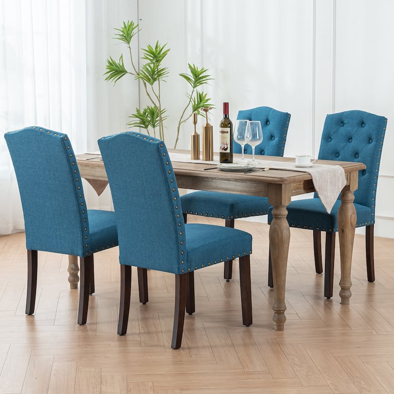 Fabric Upholstered Tufted High Back Dining Chairs with Nailhead Trim