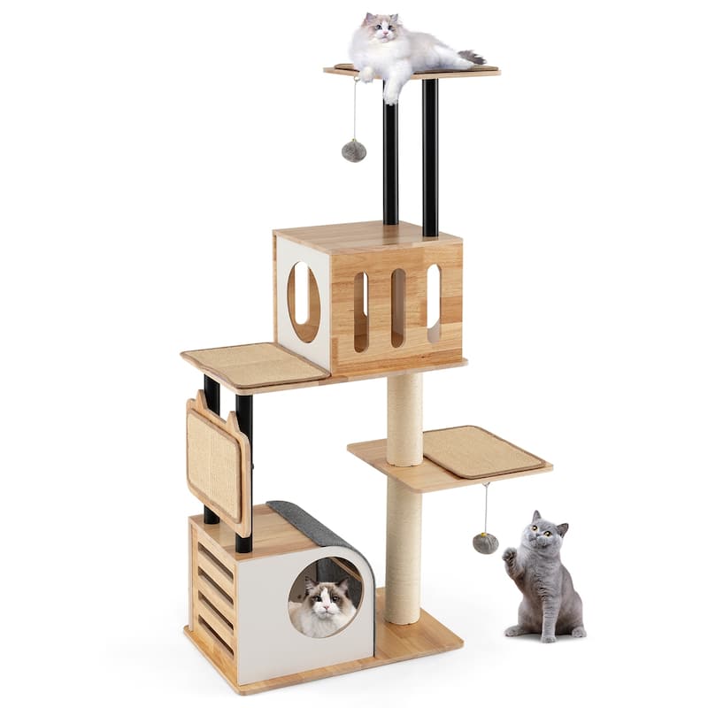 Modern Tall Cat Tower with Double Condos with Dangling Balls and Sisal Carpets - 24" x 16" x 56"