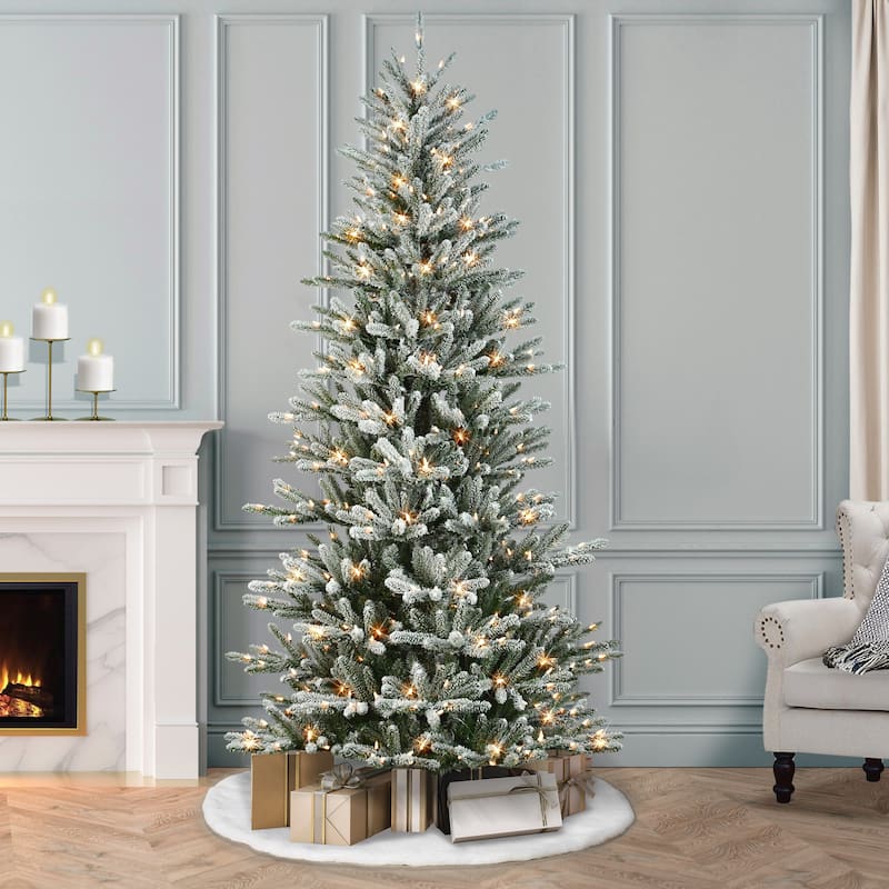 Puleo International 7.5 ft. Pre-Lit Flocked Artificial Mountain View Spruce Tree with 450 Warm White LED Lights