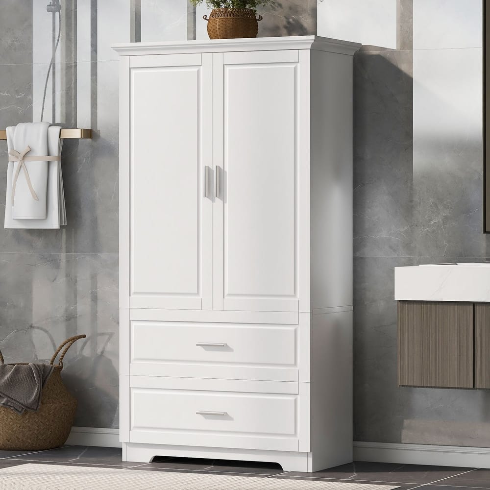 63" Tall Wood 2-door Bathroom Cabinet in White with Adjustable Shelf
