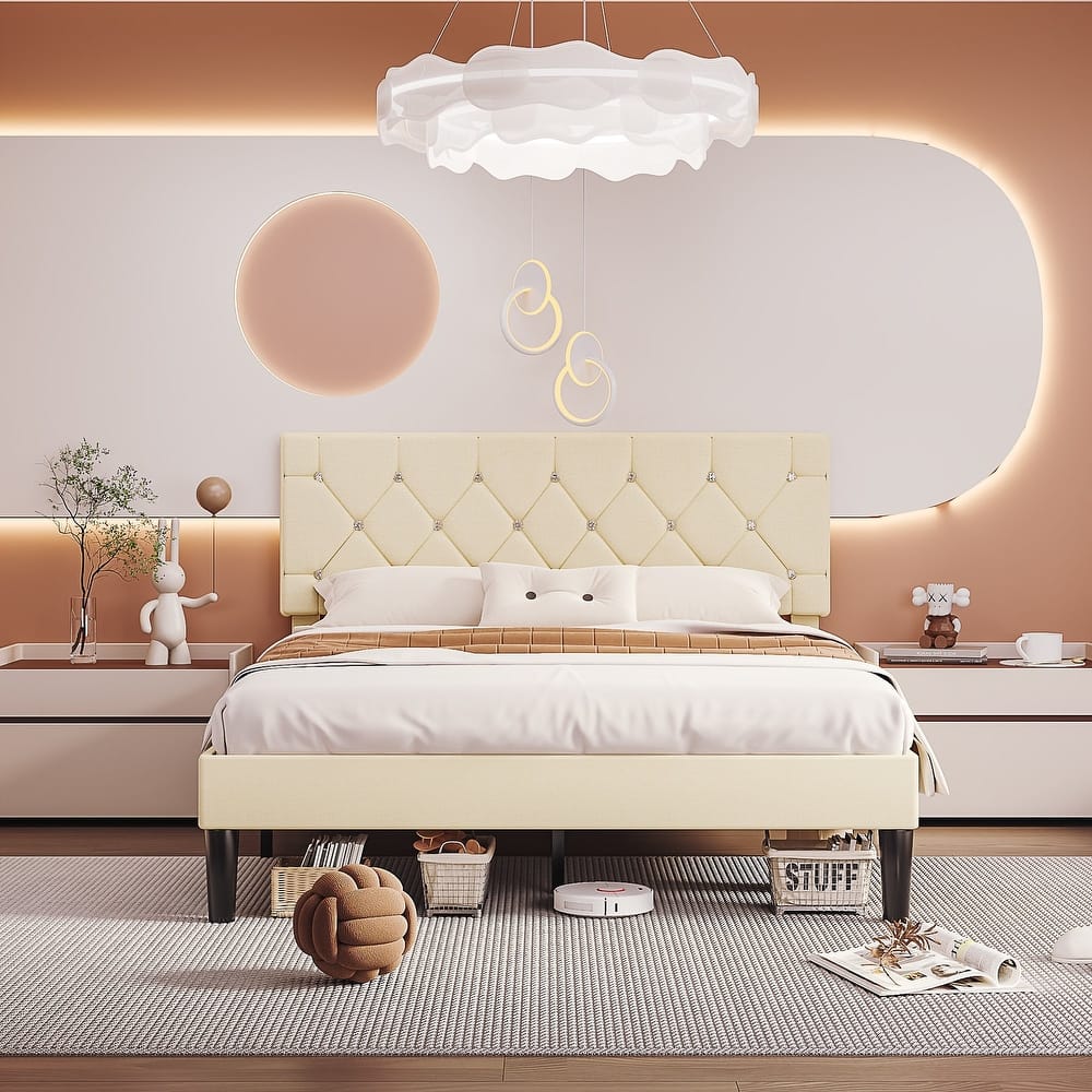 VECELO Upholstered Beds With Diamond Tufted Headboard Platform Bed Frame 7.9'' Under Bed Space