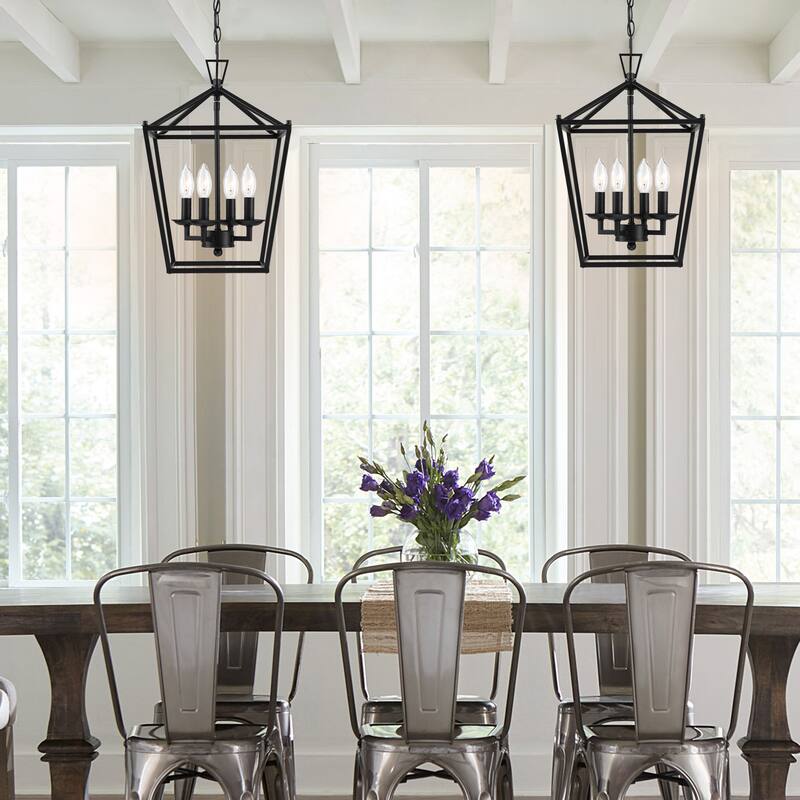 4 or 6-light pendant with steel cage shade and soft gold / Black finish