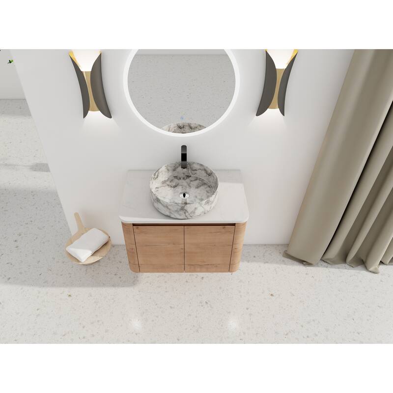 30'' Wall-Mounted Bathroom Vanity With Ceramic Art Sink & 2-Soft-Close Door, KD-Packing, Plywood
